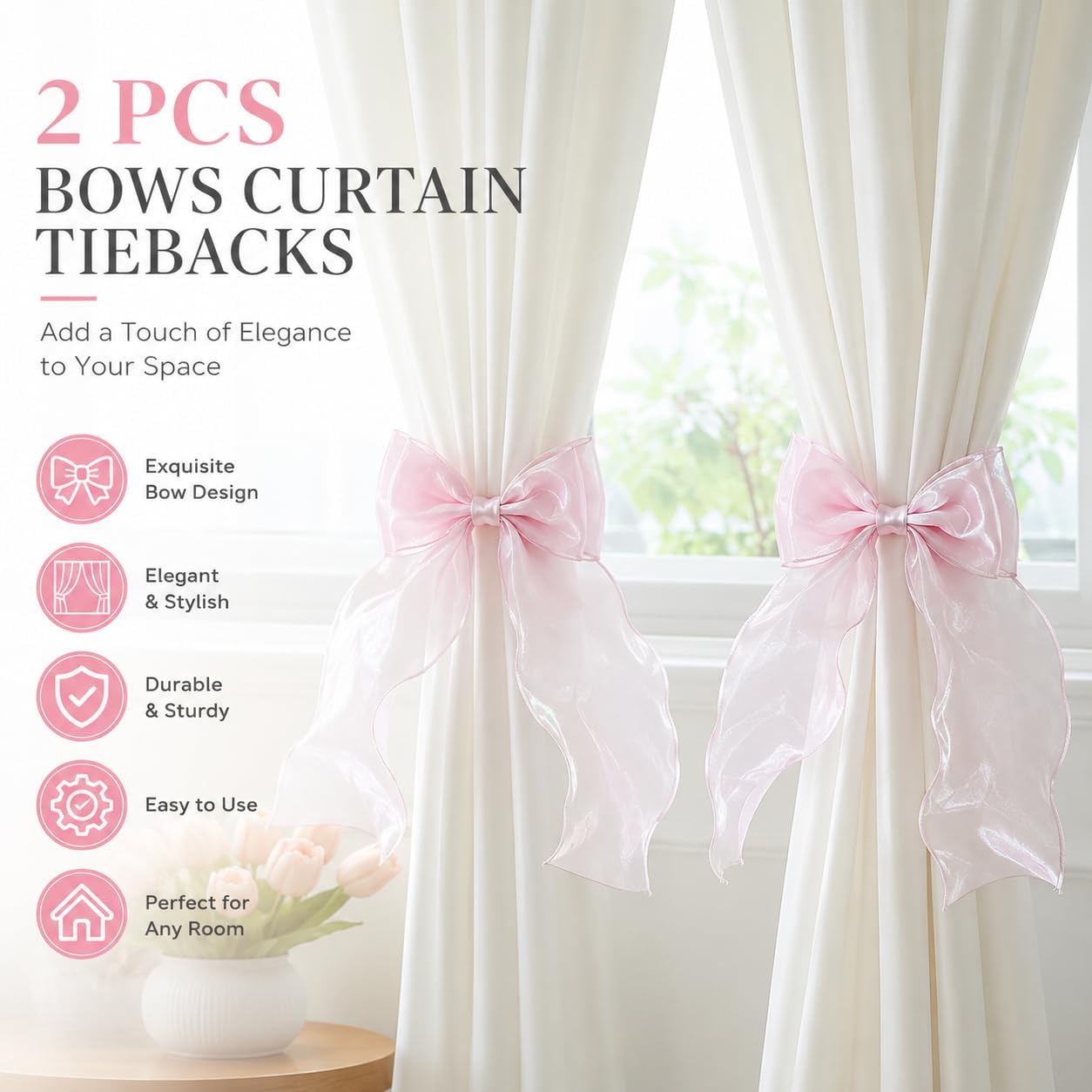 2PCS Strong Magnetic Pink Bow Curtain Tiebacks, Coqueta Lace Ribbon Curtain Holdbacks, Adjustable Drapery Clips for Home Decor, for Bedroom, Living Room, for Window，Wedding，Party