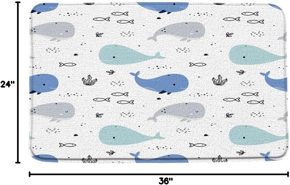 Cartoon Whale 3 Piece Bath Mat Sets,Ocean Animal Blue Gray Fish Underwater Wildlife Tropical Fish Coral Seaweed Bathroom Rugs,24"x36"Bath Mat,Toilet Seat Cover, U-Shaped