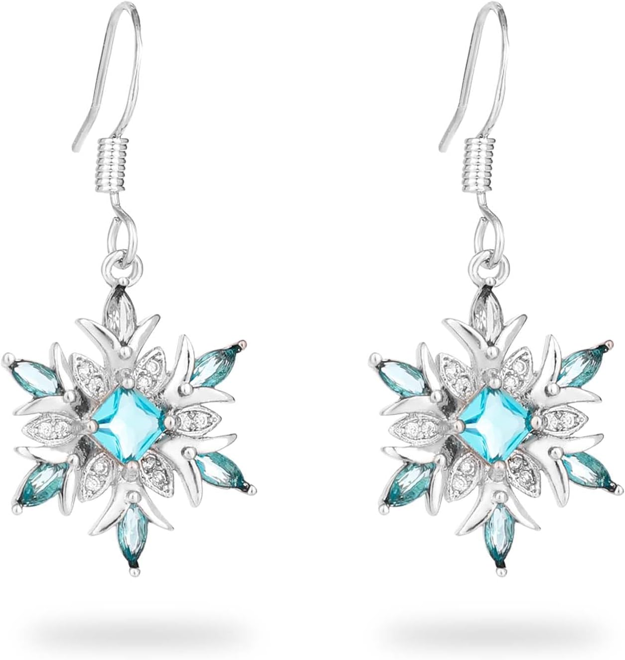 2pcs Silver Christmas Snowflake Earrings, Blue Cubic