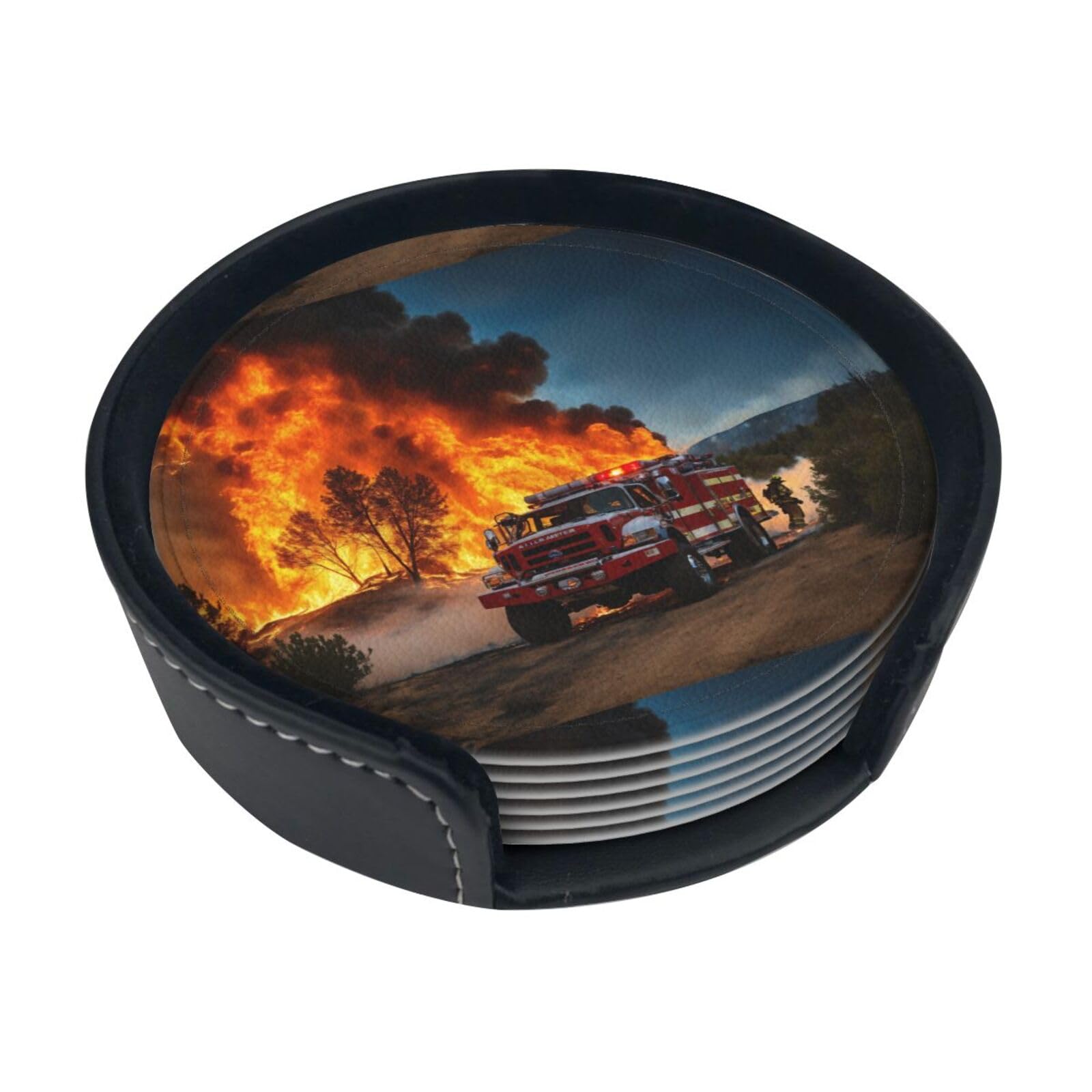Firefighter Fireman Flame Print Round Coasters Set Of 6,Coaster For Tabletop Protection Home Bar Decor