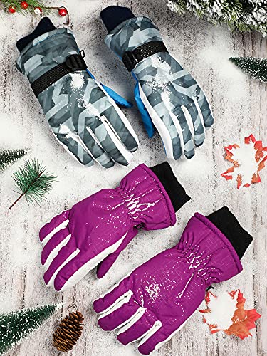 Image of Honoson 2 Pairs Kids Snow Gloves, Winter Waterproof | for Outdoor Snowboard Sledding, Warm Fleece Lining, Windproof, Adjustable Wrist Strap, Youth Cold Weather Ski Glove