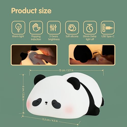 Miniatura 5 de VTIGER Luz nocturna de panda para niños, lámpara LED recargable táctil, linda lámpara de silicona de grado alimenticio, 3 modos de lámpara de noche