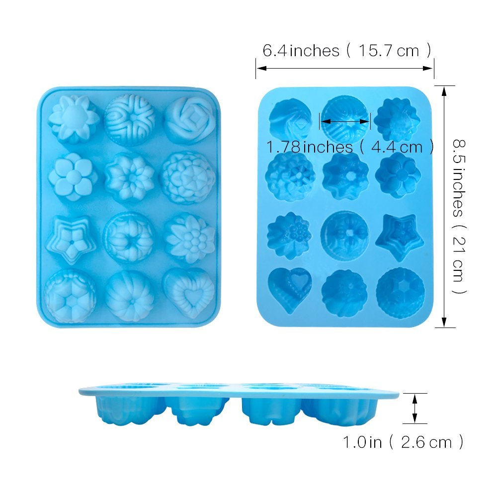 3 Pack Silicone Flower Molds for Baking - Non-Stick 12-Cavity Cupcake, Muffin, Chocolate, Jelly, Pudding, Candy - Blue, Green, Red