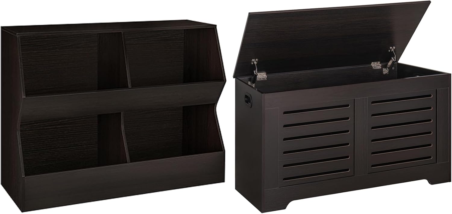 DINZI LVJ Kids Toy Storage Organizer and Wooden Toy Box Bundle, 4 Cubby Bookcase Toy Storage Cabinet, Flip Top Storage Chest for Bedroom, Nursery, Hallway, School, Living Room, Entryway, Espresso