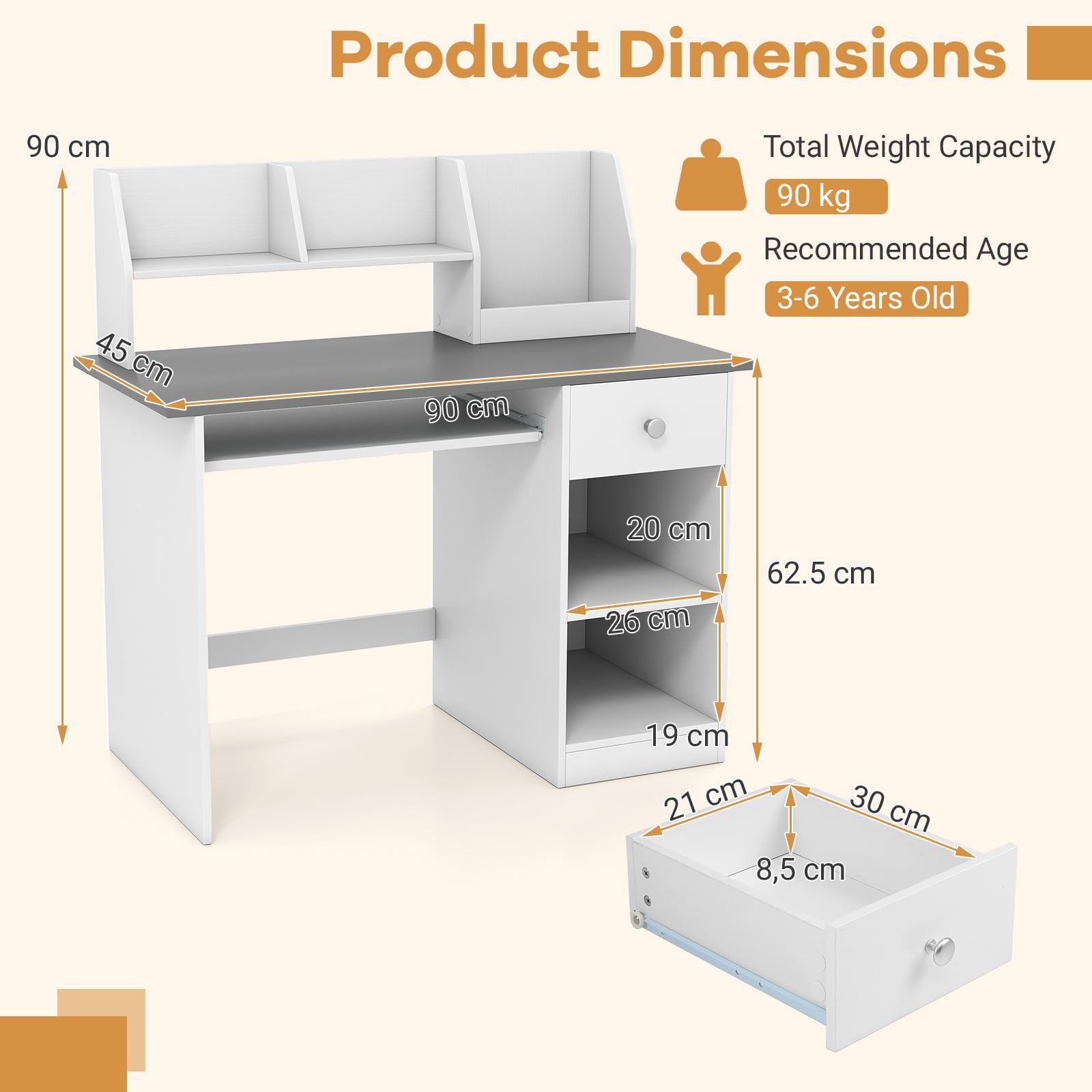 DREAMADE Schreibtisch Kinder mit Bücherregal & Schublade & Ablage & Tastaturablage, Jugendschreibtisch Schülerschreibtisch, Kinderschreibtisch aus Holz für Jungen und Mädchen, 90x45x90cm (Grau)
