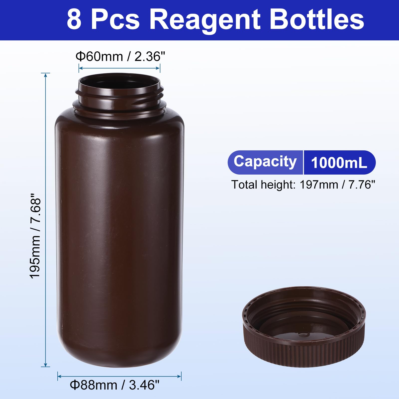 PATIKIL 8Pcs Bouteilles de Réactif de 1000 ml, Bouchon à Vis, en PE, à Large Ouverture, pour le Stockage de Réactifs Liquides et d'Échantillons Solides en Laboratoire, Couleur Ambre