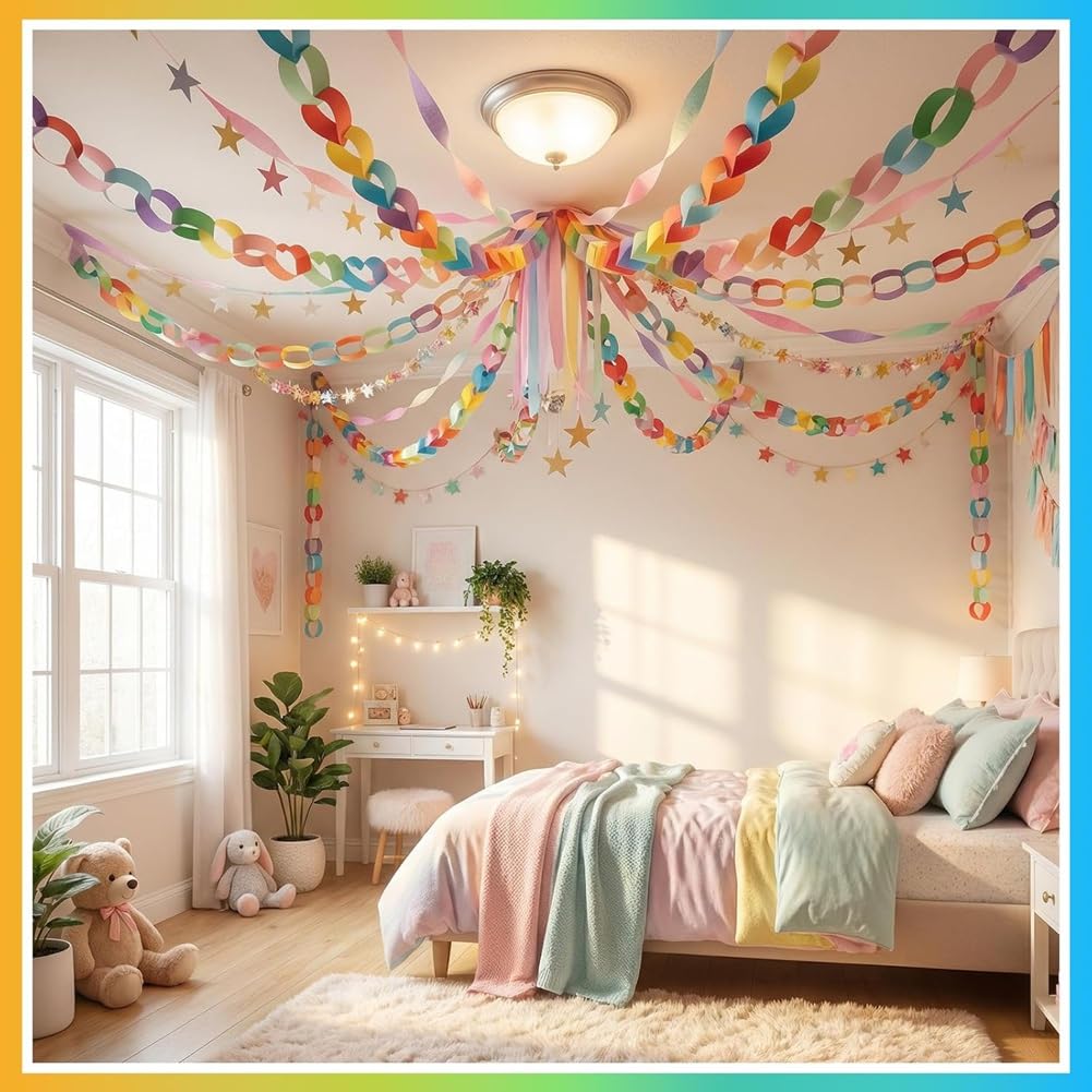 1000 Tiras de Guirnalda de Papel, Cadena de Papel para Manualidades de Construcción DIY para Decoración de Fiestas Navideñas en el Aula y el Hogar con Cinta Adhesiva