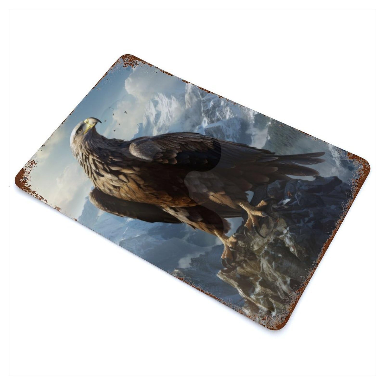 Garage Style Eagle On Mountain Top Rust Effect Tin Sign 11.8"x7.9", Classic Wall Plaque for Bar And Workshop