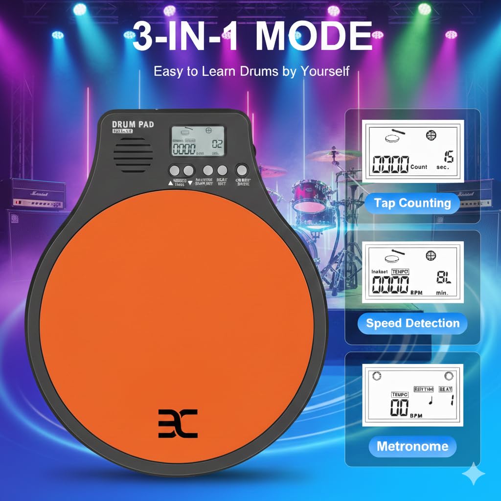 EX [3-IN-1] Tamburo elettronico digitale portatile, con [metronomo, rilevamento della velocità e conteggio dei tappi] 10 ″ TPR Practice Pad, arancione