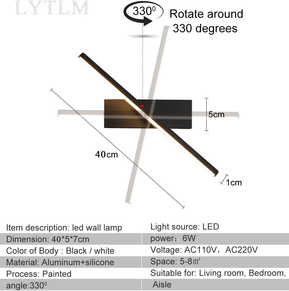 Aplique pared interior regulable 3000k-6500k, luz espejo baño con enchufe, lámpara pared giratoria 330° para estudio o dormitorio junto a la cama (Negro)