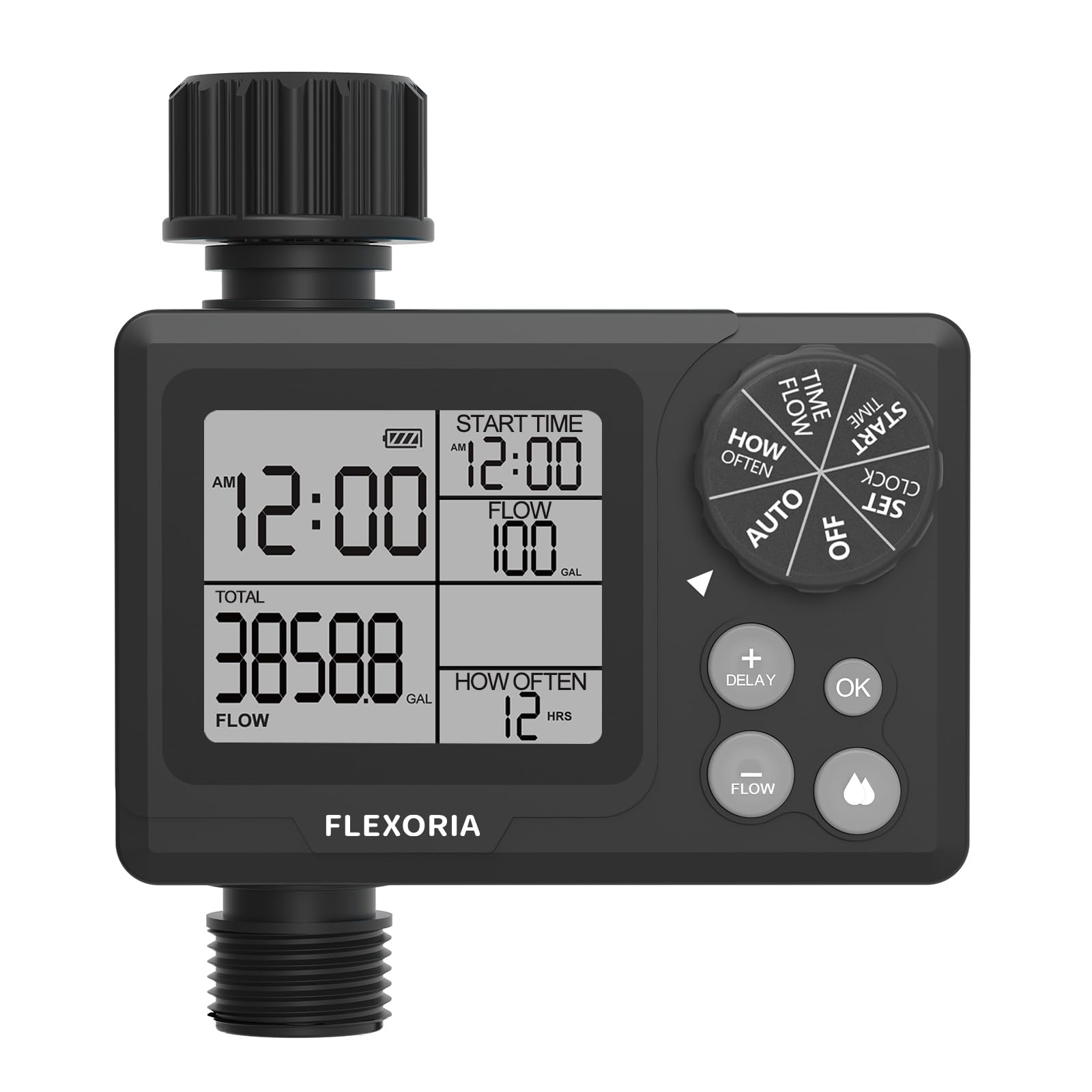 Flexoria Programmable Garden Hose Timer with Water Flow Meter, Digital Sprinkler Timer with Rain Delay, Water Volume and Duration Control, Auto Manual Irrigation for Lawn, Yard and Drip Watering