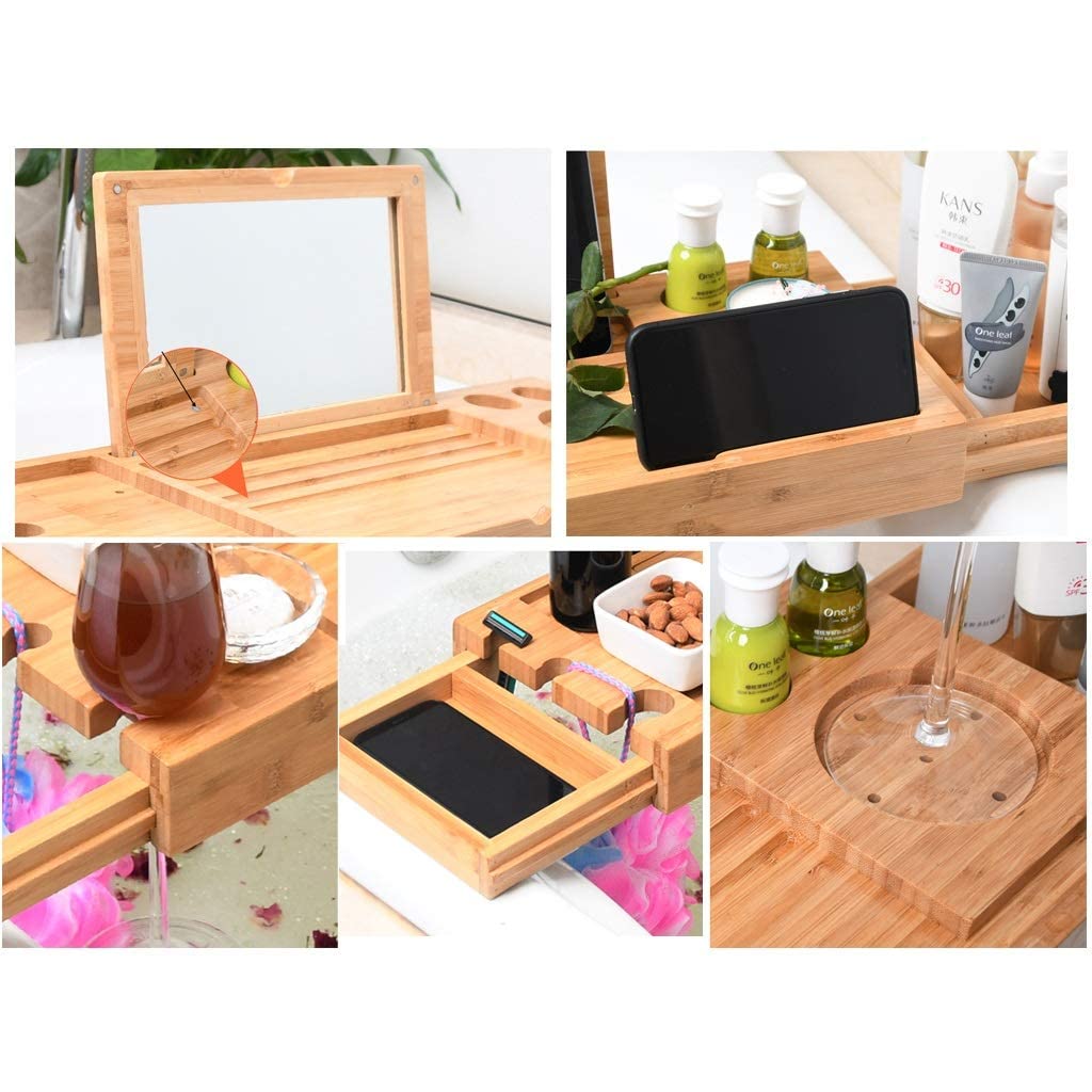 Bandeja de baño Bandeja de baño de madera extensible con espejo - Bandeja de baño ajustable Organizador de estante para bañera Mesa de baño para libro Teléfono Tablet Vela Soporte para copa de vino -
