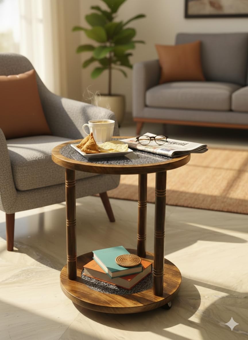 Contemporary Round Wooden Side Table with Wheels, 2 Tier Home Utility Table-image-39