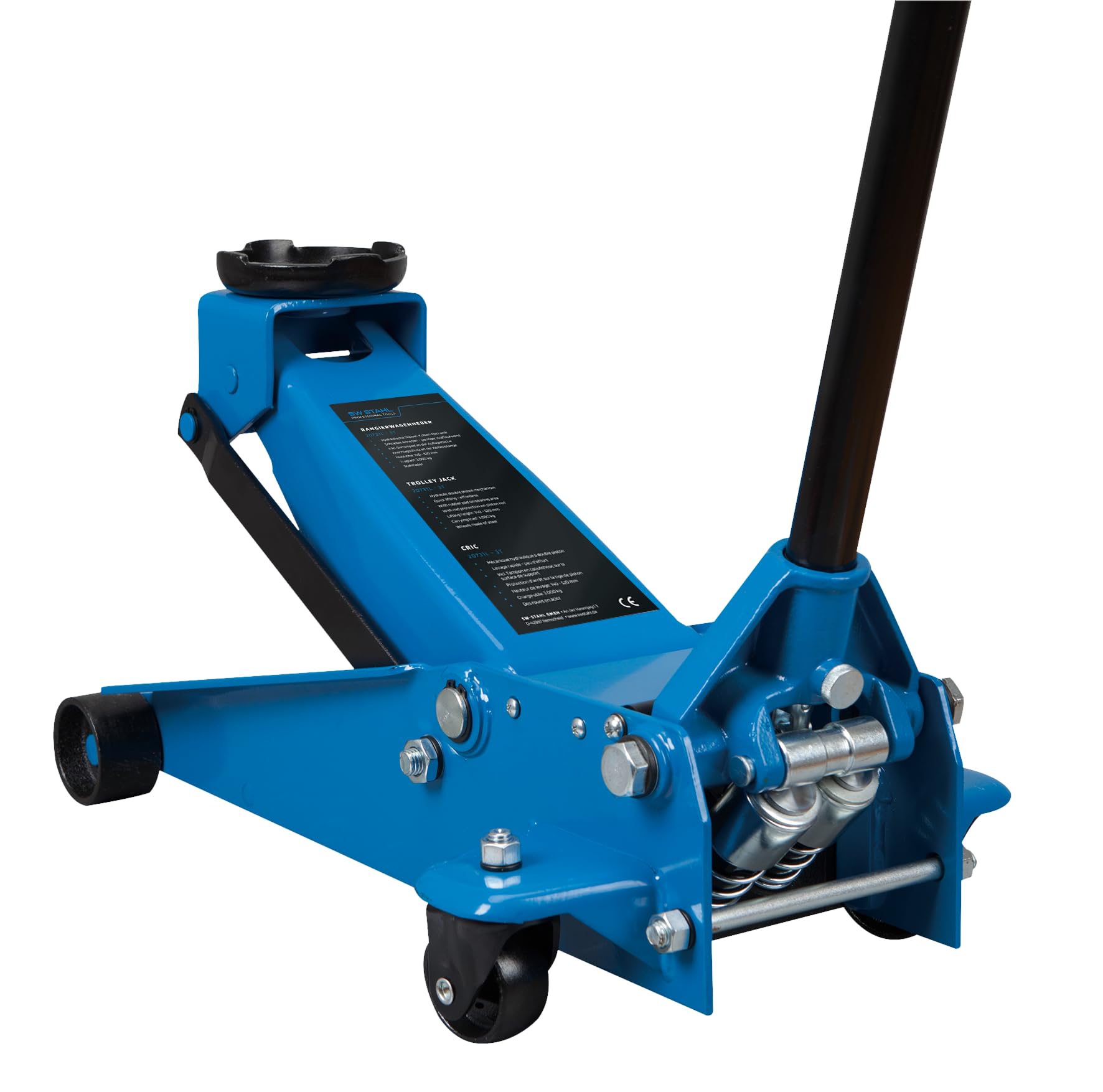 SW-Stahl 20731L Gato de Carretilla Hidráulico de 3 Toneladas - Elevador 3t | Capacidad 3000 kg, elevación 130-465 mm, chasis de 716 mm con 4 rodillos de metal, gato hidráulico para taller