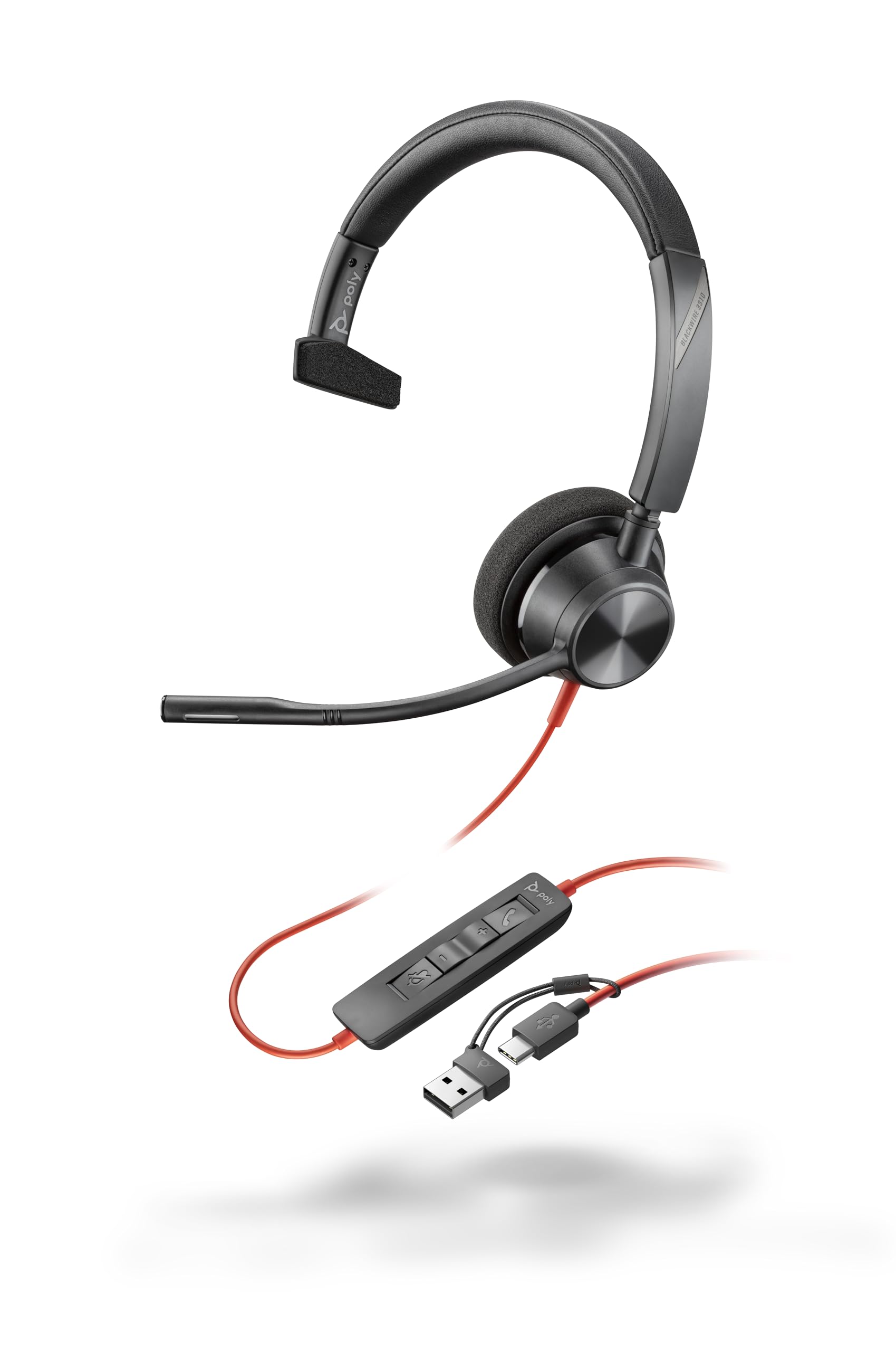 Schnurgebundenes USB-C-Headset Poly Blackwire 3310 – Flexibler Mikrofonarm – Monaurales Design – Verbindung mit PC/Mac über USB-C oder USB-A – Kompatibel mit Teams, Zoom