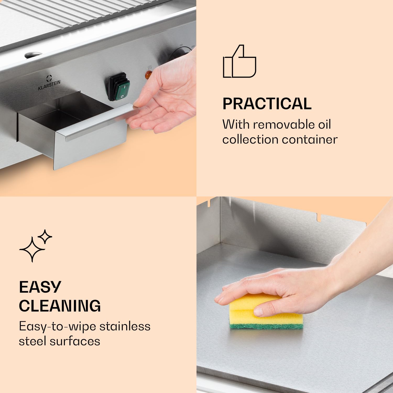 Klarstein Parrilla Eléctrica - Grill de Mesa con Pantalla LED para Balcón e Interior, Acero Inox, Placa Antiadherente Extraíble, Antisalpicaduras, 2 Zonas, 50-300 °C