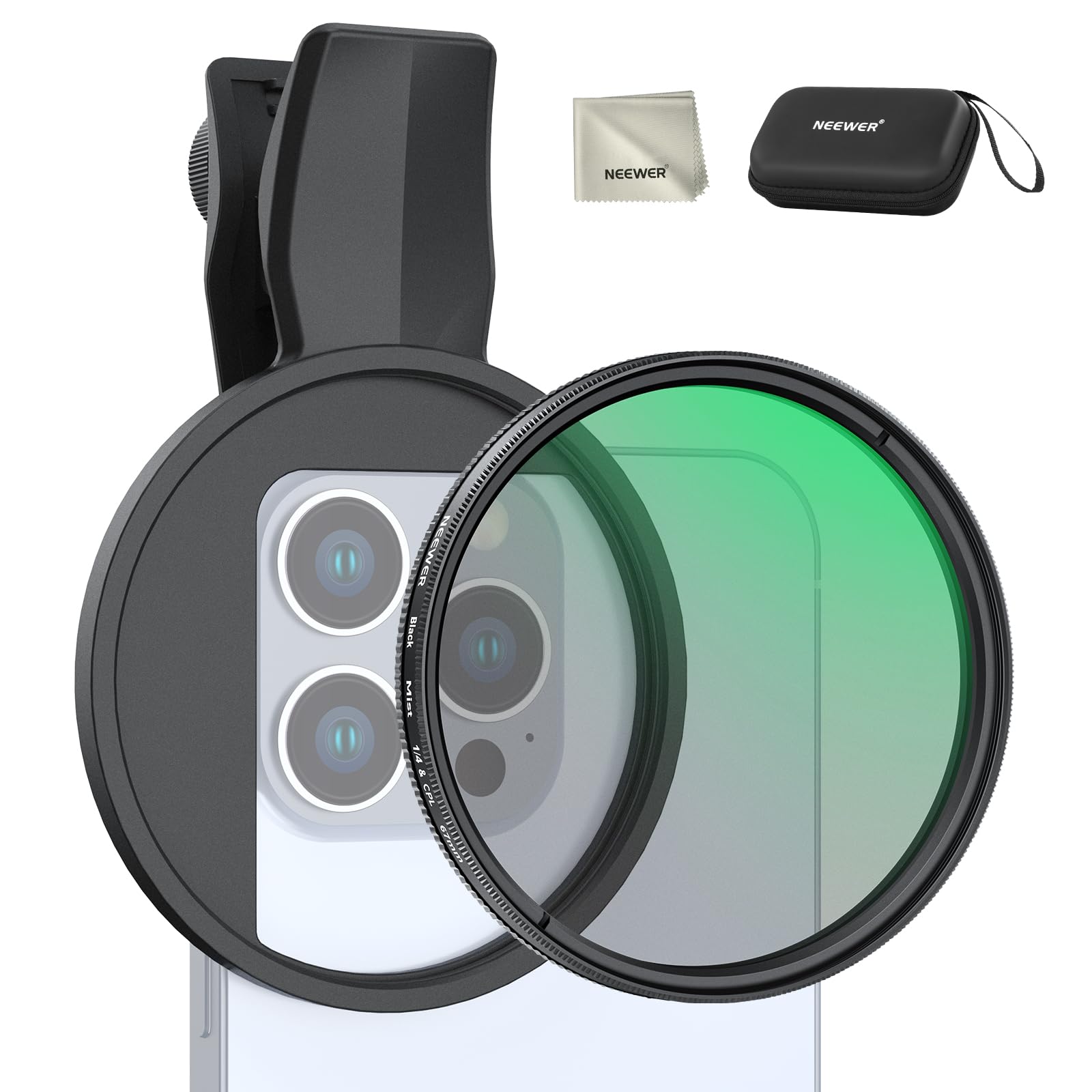 NEEWER 2in1 67mm Filtro CPL e Balck Diffusion 1/4 a Clip Compatibile con iPhone 17 16 15 Pro Max Plus 16e 14 13 Mini 12, Polarizzante Circolare per Obiettivo Telefono, Kit Accessori Fotografia,FL-B35