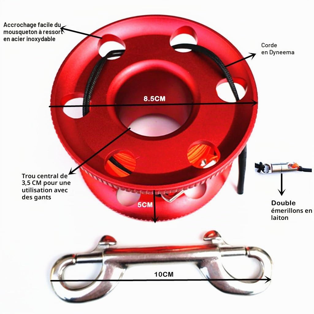 Sharplace 50m Bobine de Doigt de Plongée sous-Marine Plongée en Apnée Finger Spool Reel en Alliage Aluminium/Acier Inoxydable - Rouge, 50 m