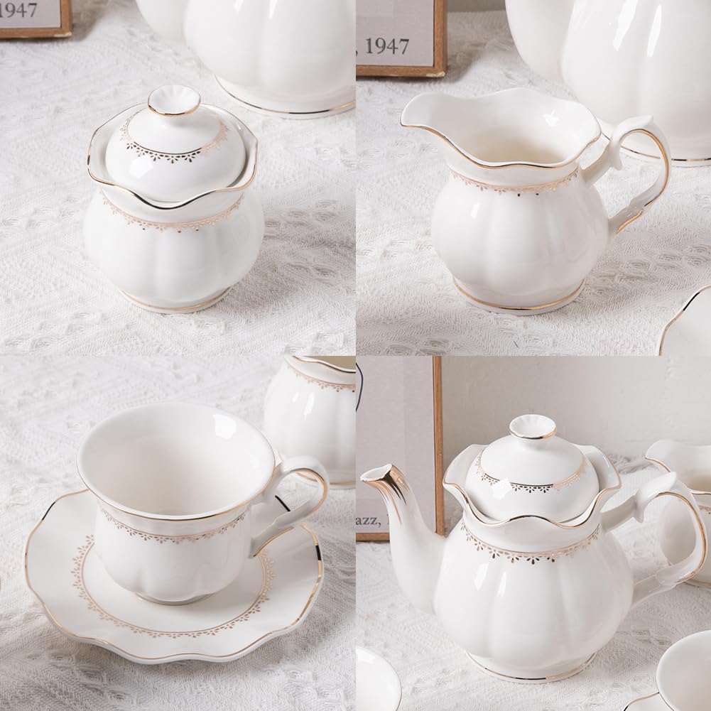 Sweejar 21 Pieces Porcelain Tea Set, Vintage Gold Trimmed Teapot Cup and Saucer Set, Tea Cup for Loose Tea, Sugar Bowl and Creamer Pitcher with Spoons, Service for 6(Elegant White) - Image 3