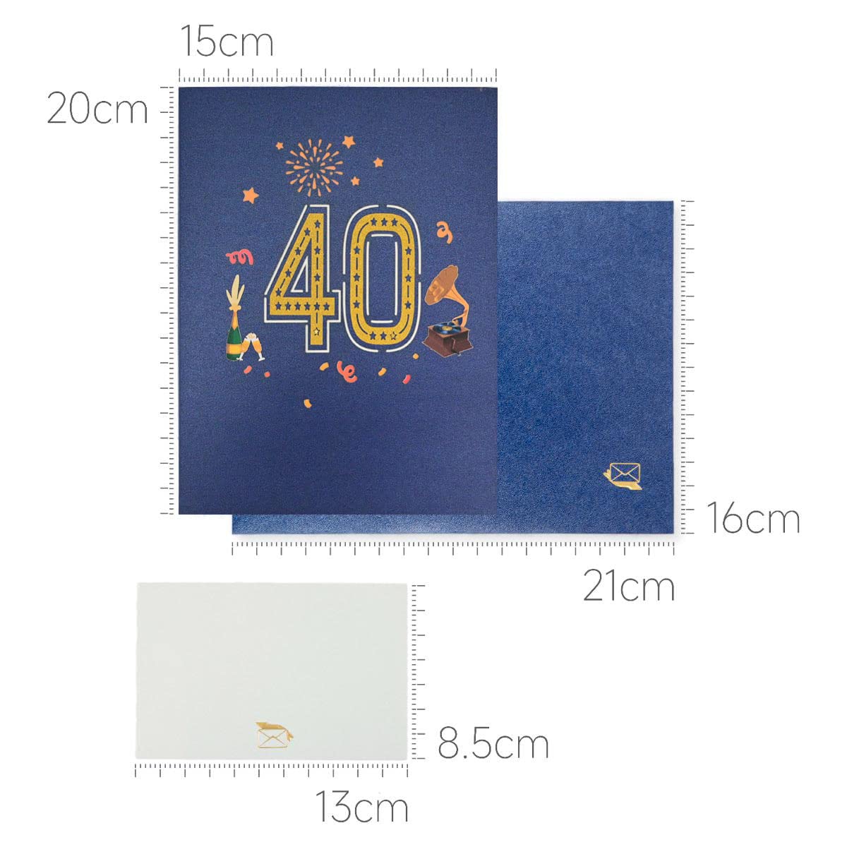 Biglietto Pop-Up 3D Per 40° Compleanno Uomo/Donna | Con Palloncini, Regali E Grammofono | Fatto A Mano Con Busta Blu Scuro - 3