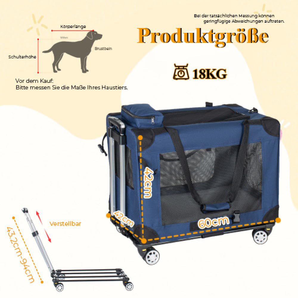Dunkelblaue Tiertransportbox, 2-in-1 Faltbare Hundetransporttasche mit Rollen, Belüftete Haustierbox für Reisen und Zuhause