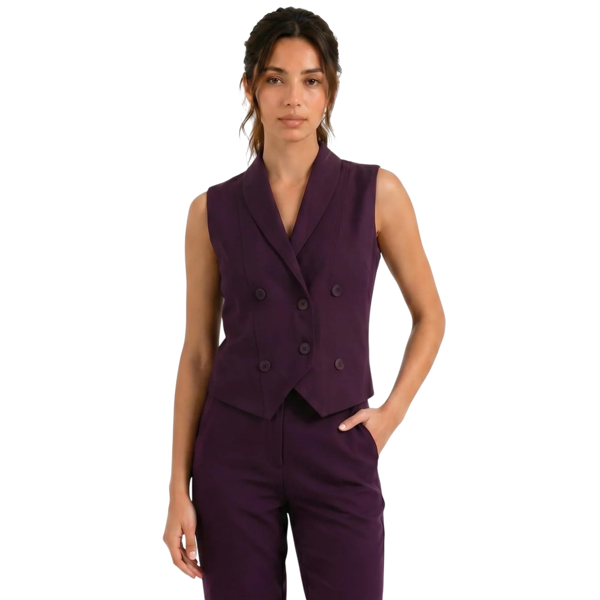 bossbella BOSSBELA Women Wine Double-Breasted Sleeveless Formal Waistcoat | Rich Tone Power Vest | Office Cropped Fit-picture-52