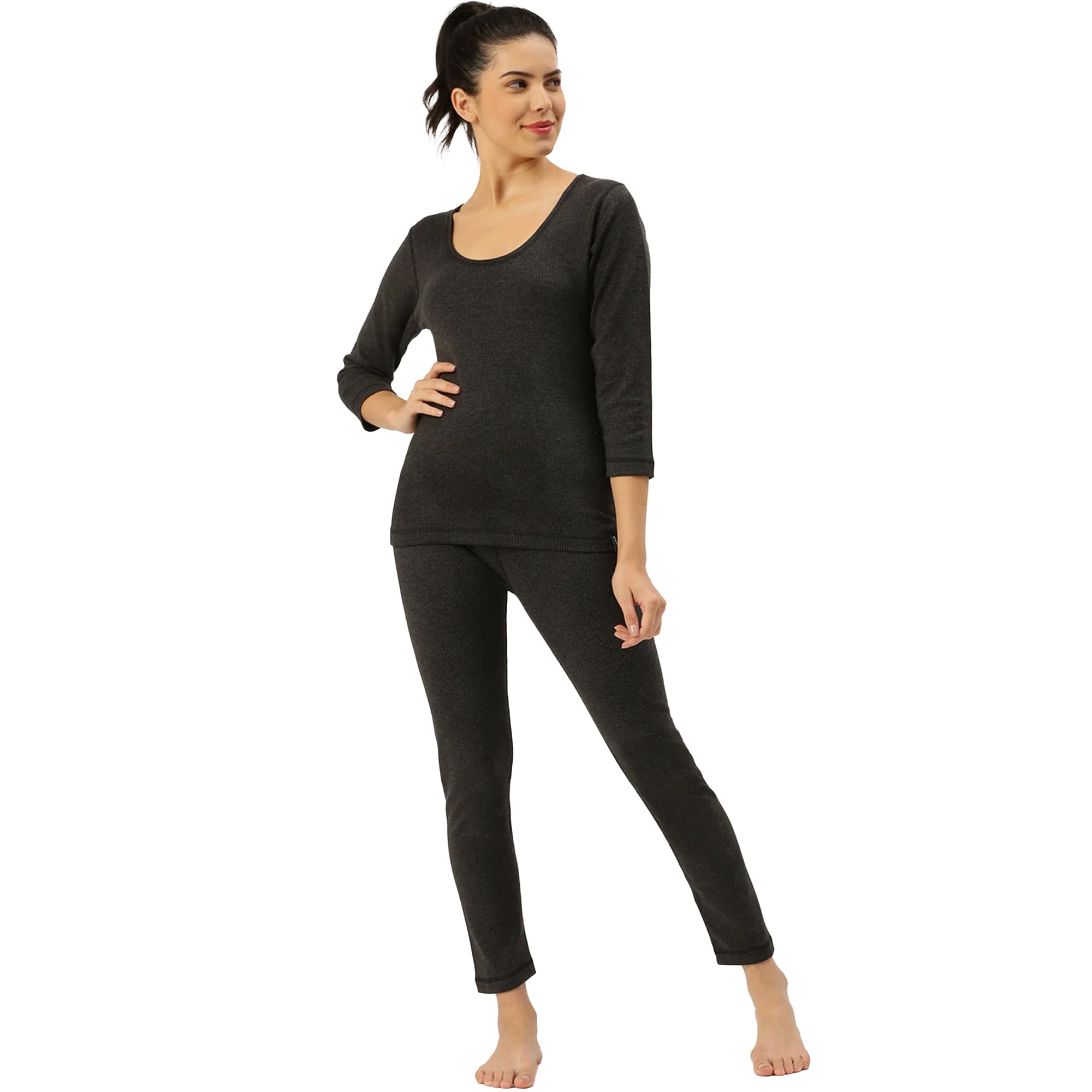sporto Black Round Neck 3/4 Sleeve Top and Bottom Thermal Set for Women