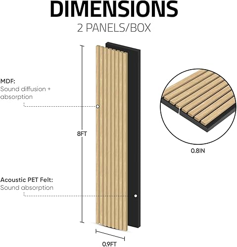 Miniatura 3 de Paneles acústicos con lamas de madera, paquete de 2, 94.5" x 11" x 5164" cada uno, de piso a techo, panel de madera para pared, para decoración de