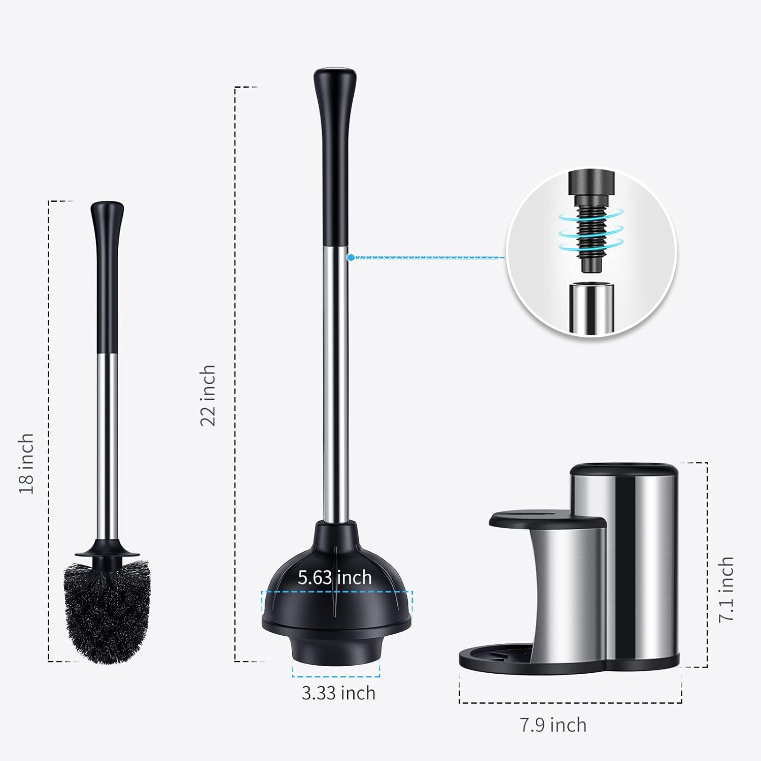 HAMITOR Toilet Plunger and Bowl Brush Set: 2 in 1 Stainless Steel Heavy Duty Toilet Cleaner Plunger with Holder Combo for Bathroom Cleaning - Modern Hideaway Bathroom Accessories with Caddy Stand