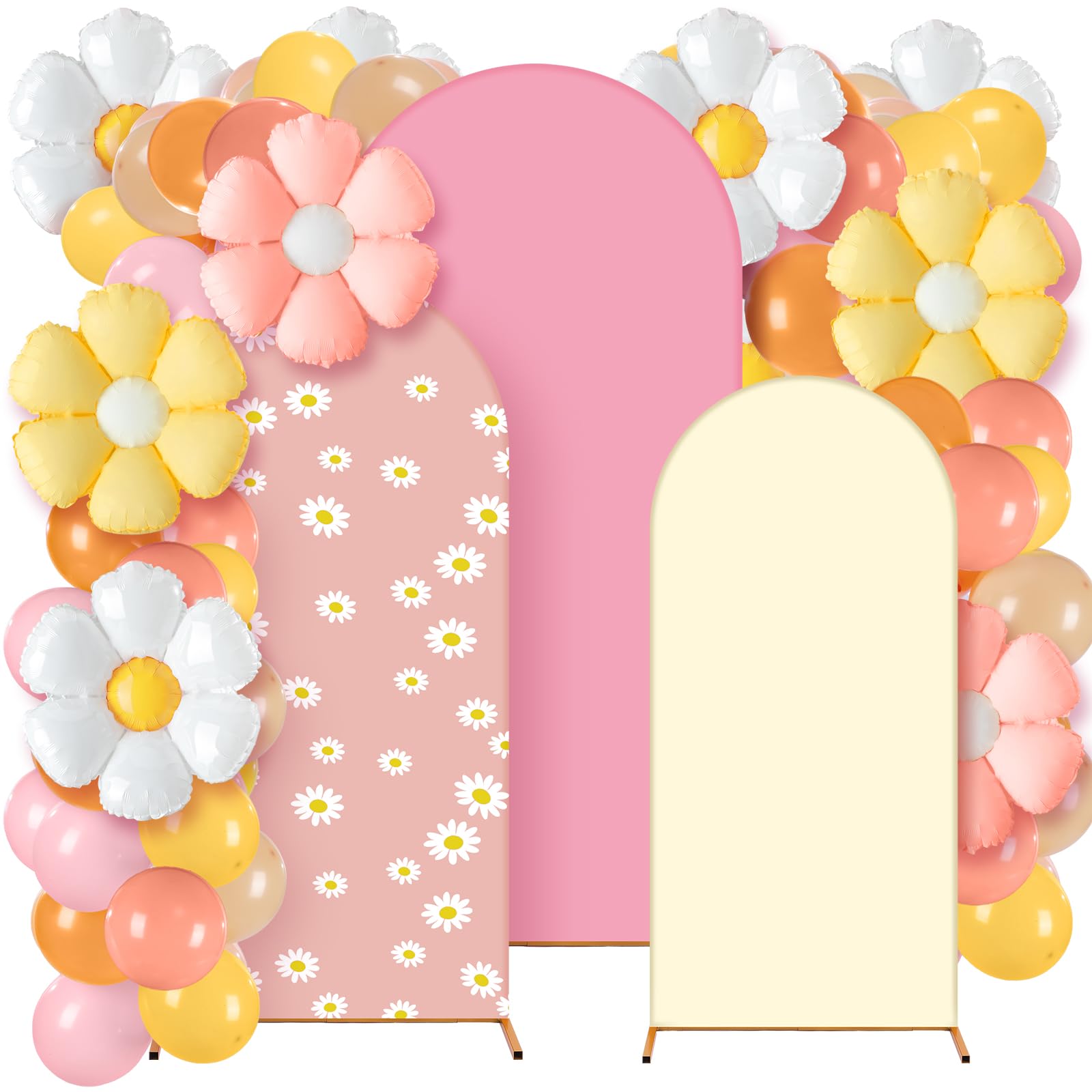 Foilswirl 34 Pieces Daisy Birthday Party Decorations 4ft 5ft 6ft Daisy Arch Backdrop Covers Spandex Arch Backdrop Cover Pastel Macaron and Flower Design Balloons for Spring Boho Wedding Birthday Party