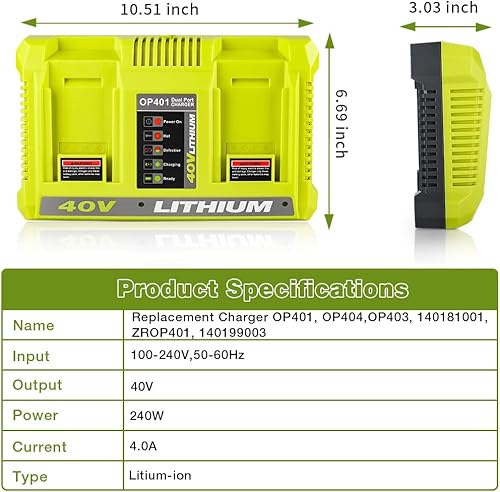 Miniatura 4 de Choerinton - Cargador de batería de litio de 40 V, 40 V, doble puerto, cargador rápido compatible con Ryobi 40 V iones de litio OP4015 OP4026 OP4030