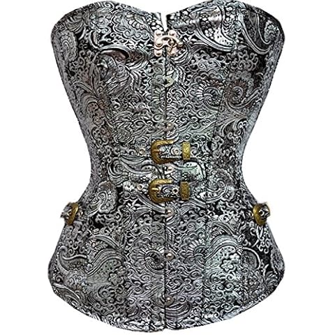 BUYIIT Women's Gothic Steampunk Overbust Corset Lace Up Silver Brocade Bustier Waist Cincher (UK Size 10-12(L, Silver) Cover