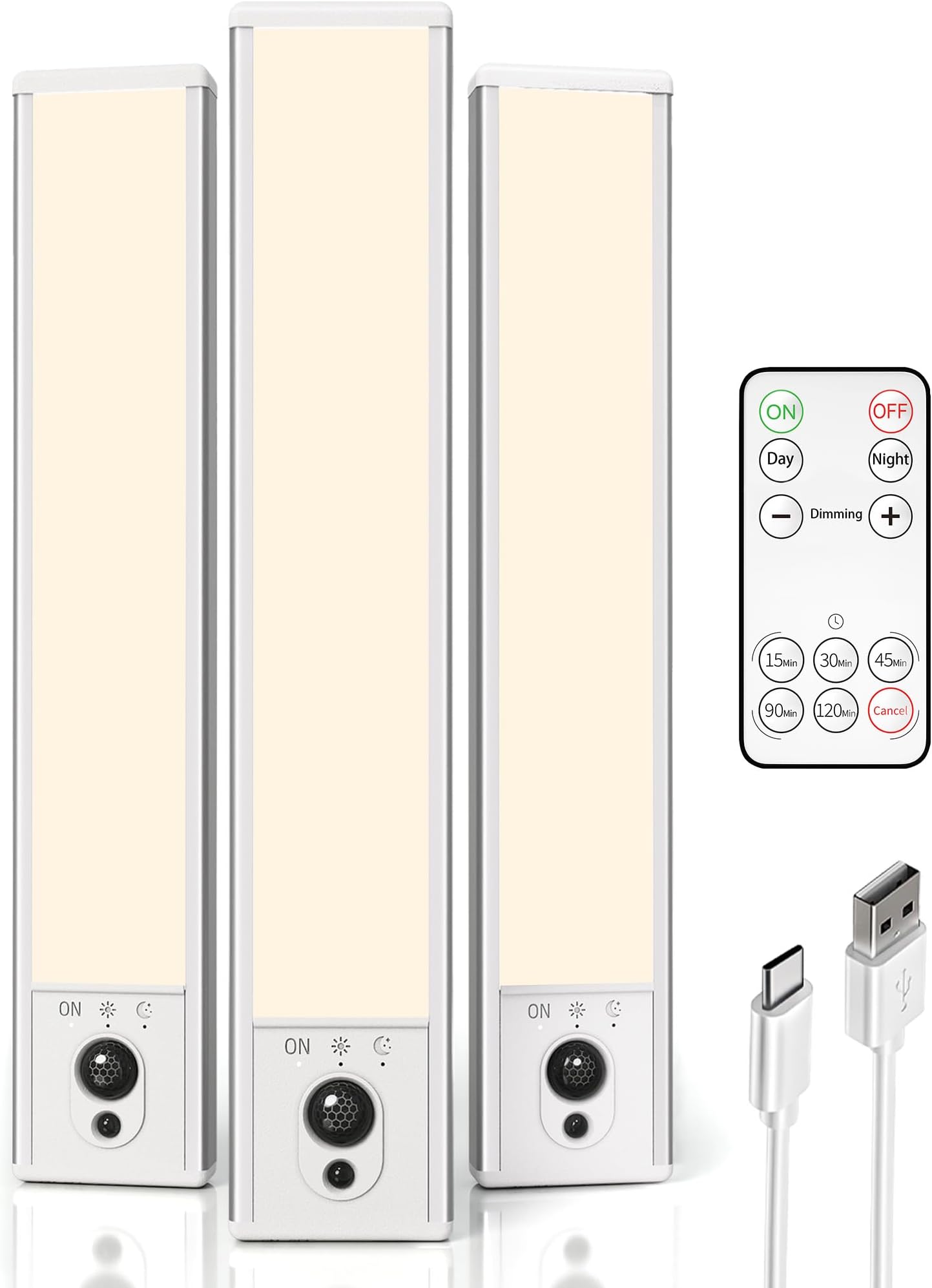 3-Pack Under Cabinet Lighting, 2400mAh Motion Sensor Light, LED Closet Lights Wireless, 3000K Dimmable, Timer, Magnetic, with Remote Control for Kitchen, Closet, Stairs