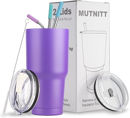 Vaso de 887 mL con tapas y popotes, con aislamiento al vacío, de acero inoxidable, lacado, con tapa para popote y tapa abatible a prueba de fugas, 3