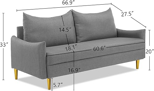 Miniatura 56 de Sofá biplaza de lino moderno de 67 pulgadas, sofá biplaza tapizado de mediados de siglo con 2 almohadas y 4 patas doradas, sofás de 2 plazas para