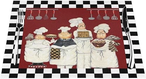 Miniatura 9 de Juego de 4 manteles individuales de tela de chef de cocina, manteles individuales de lino con patrón de cocinero gordo de dibujos animados,