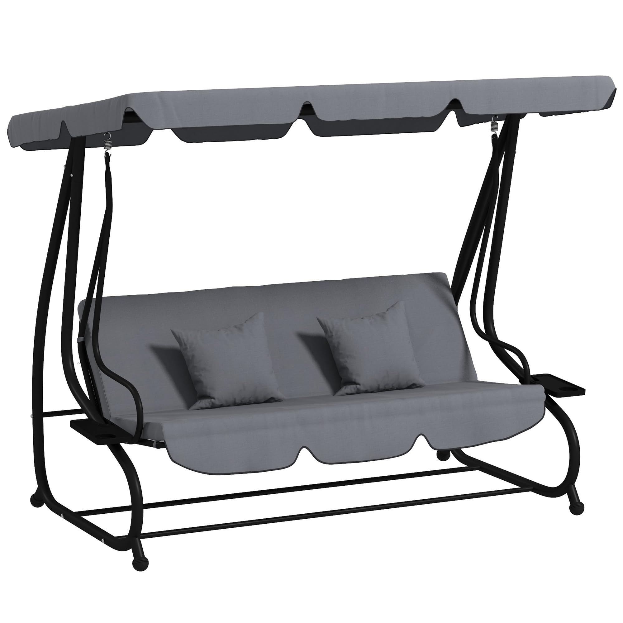 Outsunny 3 Asientos Convertible Jardín Columpio Techo Ajustable Inclinación 2 Estantes Soporte 2L x 1.2l x 1.64H m epoxi Metal Negro Poliéster Gris Oscuro