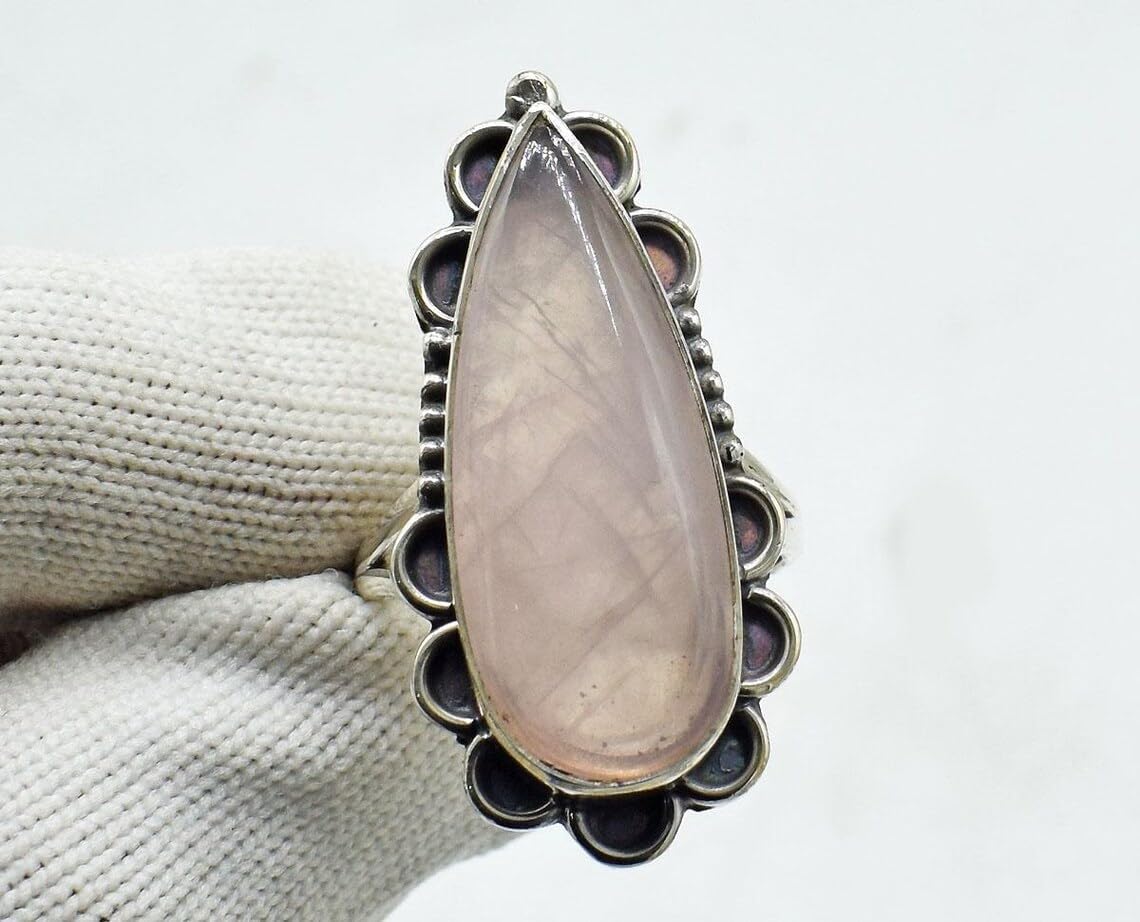 Gemma Amor Natural Rose Quartz Ring, 925 Sterling Silver, Teardrop Shape, Vintage Bohemian Style, Handmade Statement Jewelry, Soft Pink Gemstone