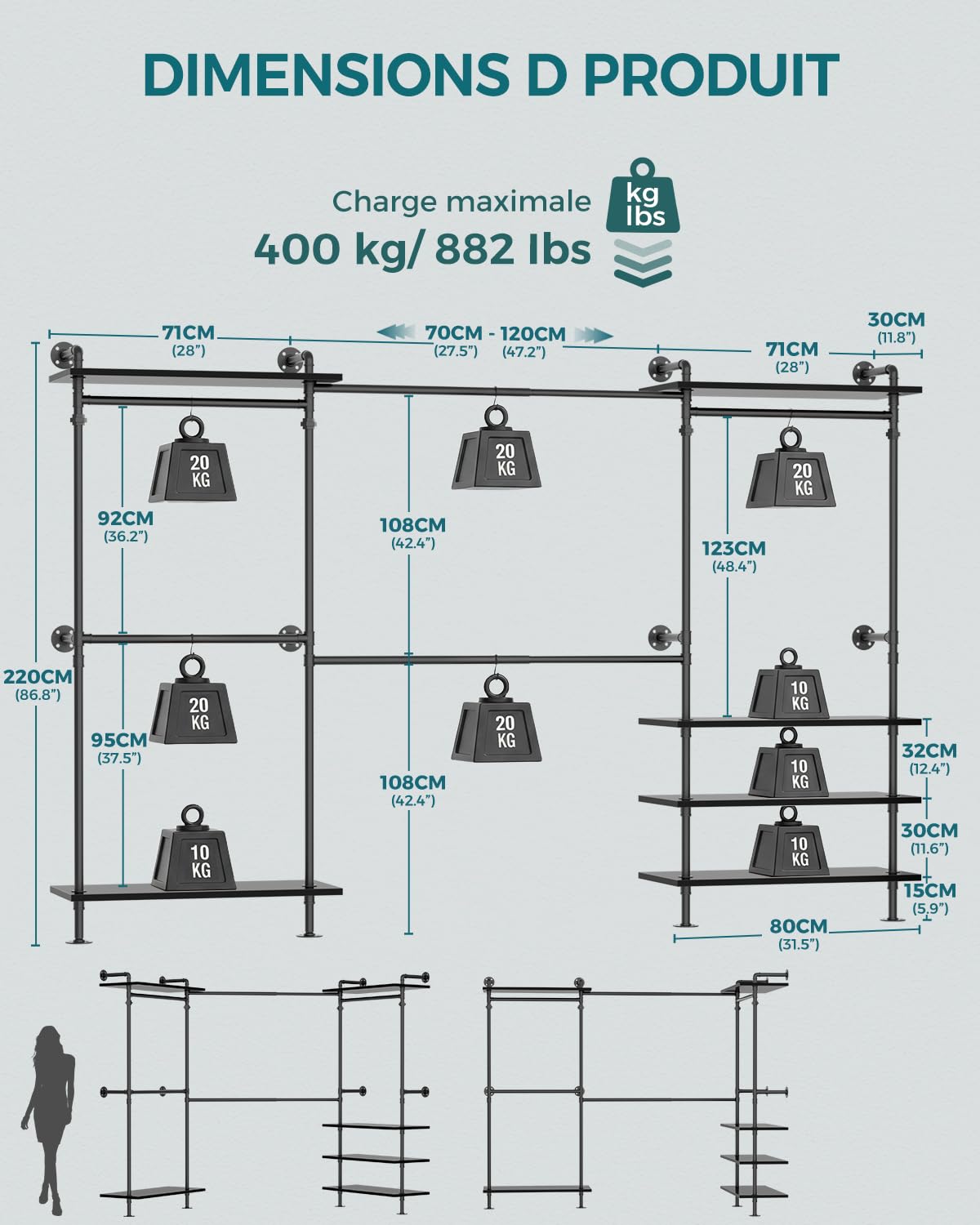 Kit de système de rangement mural industriel pour vêtements, montage mural, système d'armoire ouverte, barre télescopique avec étagères en bois, résistante en métal pour dressing, couleur noir