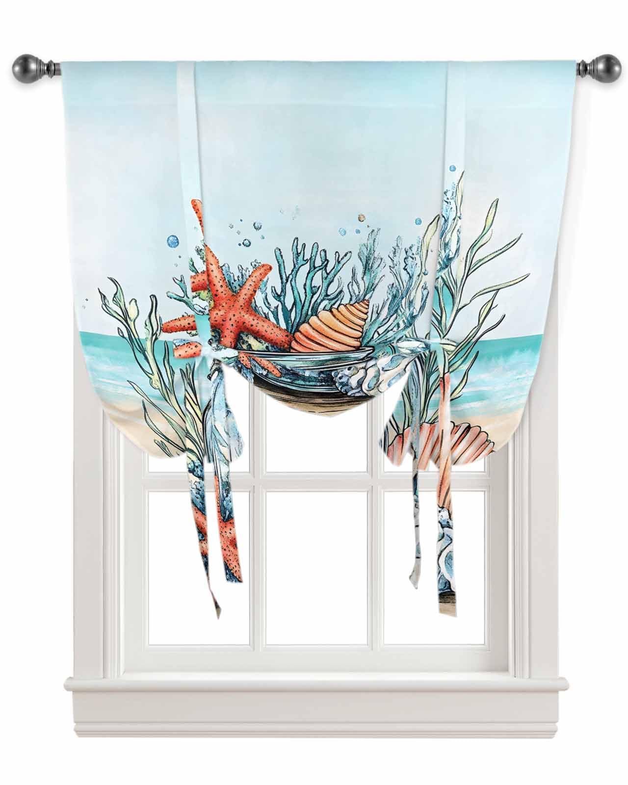 Tie Up Curtains for Kitchen Windows,Summer Ocean Coral Shell Starfish Adjustable Balloon Shade Curtain Panel Rod Pocket Drapes for Small Window Decor 34