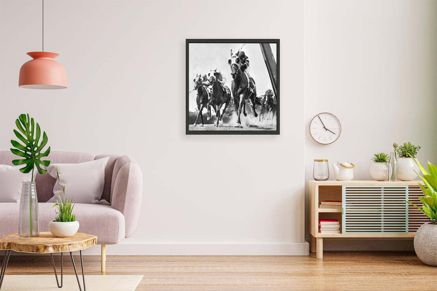 VERRE ART Printed Framed Canvas Painting for Home Decor Office Wall Studio Wall Living Room Decoration (14x14inch Black Floater) - Horse Racing At Belmont Park