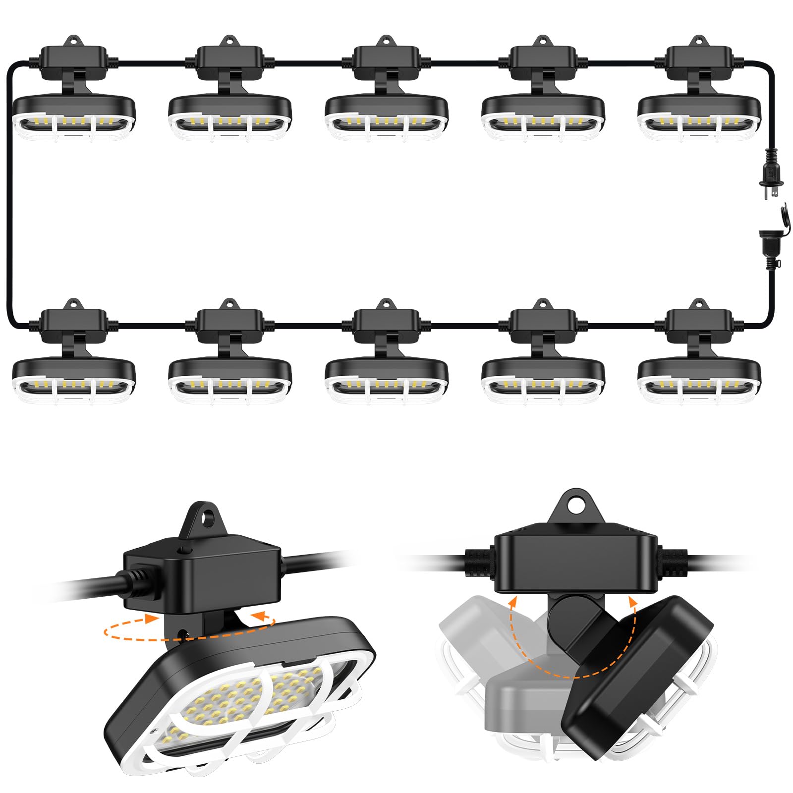 100ft LED Construction String Lights,Super Bright 15000lm 150w Adjuest 90&180 Degrees On Both Sides Waterproof IP66 Led String Work Lights,