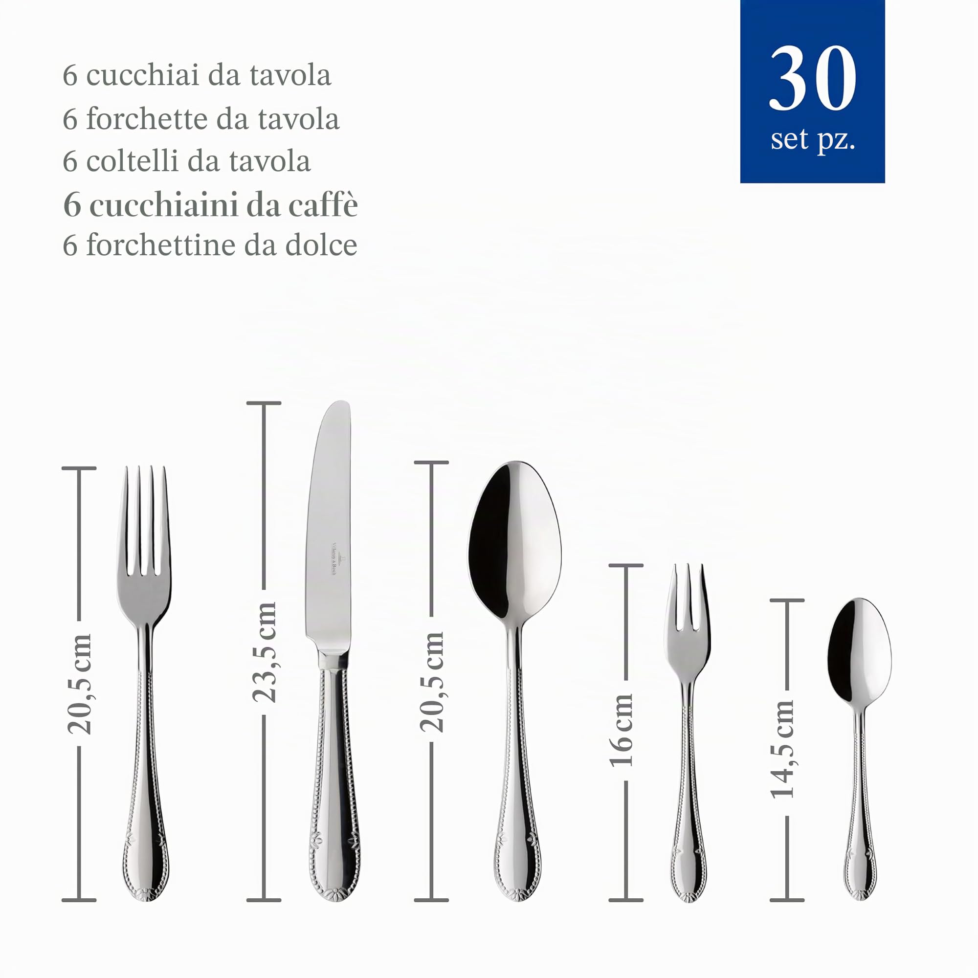 Villeroy & Boch - Mademoiselle Set di Posate 30 Pz. 30 Pezzi Argento,Platino, Lavabile in Lavastoviglie, 6 Persone, Forchette, Coltelli, Cucchiaio, Acciaio Inossidabile