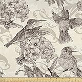Ambesonne Hummingbirds Fabric by The Yard, Birds and Flowers Monochromic Classical Design Nostalgia Ornate, Decorative Fabric for Upholstery and Home Accents, 1 Yard, Dark Mauve Beige