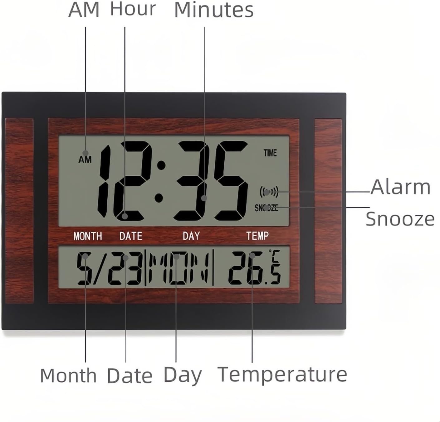Front display of Lancoon Digital Alarm Clock with labels for AM, Hour, Minutes, Alarm, Snooze, Month, Date, Day, Temperature