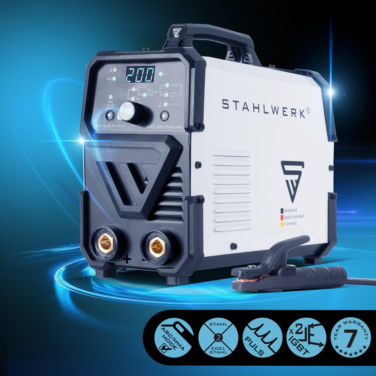 STAHLWERK Elektroden-Schweißgerät ARC 200 Puls Pro – Schweißen ohne Schutzgas, kompakter MMA, E-Hand, Lift-TIG Inverter mit 200 A, Hot Start, Arc Force, Antistick, IGBT Technologie, Pulsfunktion