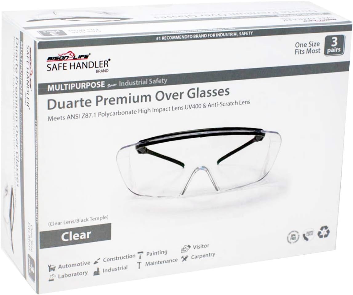 SAFE HANDLER Duarte Premium Over Glasses 3 PAIRS | ANSI Z87.1, Impact Resistant Polycarbonate Lens, UV400, Anti-Fog & Anti-Scratch, Box of 3