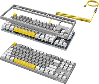 A.JAZZ AK873 Wired 87 Key TKL Retro Color Mechanical Gaming Keyboard with Rainbow Backlit Hot-swap Linear Red Switch NKRO Gasket Custom Coiled Aviator C to A Cable for Win/PC/Mac Gamer(Gray Yellow)