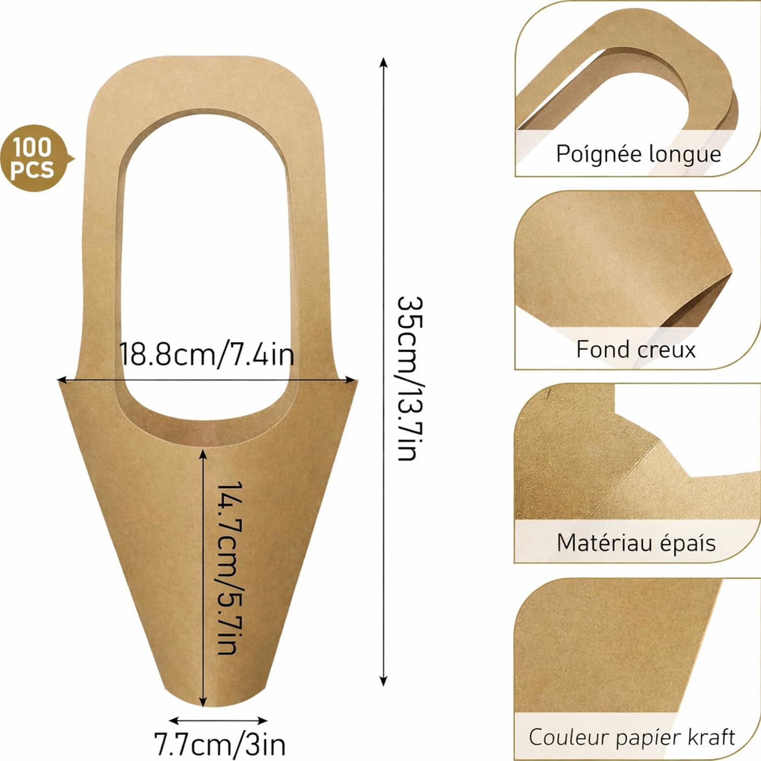 Lot de 100 Sacs pour Bouquets en Papier Kraft avec Poignées, 35x19x7,5cm | Sacs d’Emballage Fleurs pour Fleuristes, Cadeaux, Compositions Florales, Mariages, Saint-Valentin et Fête des Mères