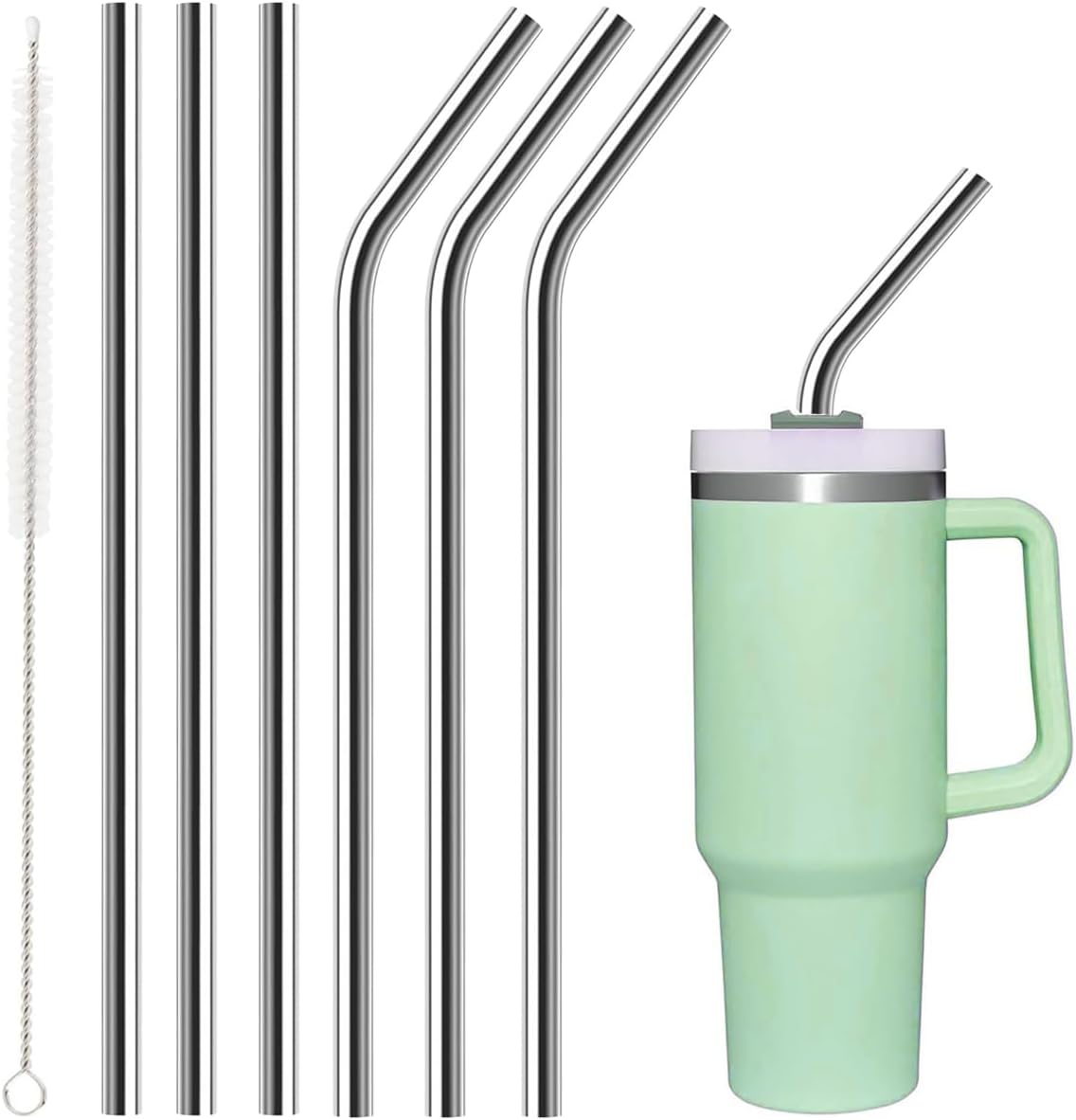 12'' Reusable Stainless Steel Straws Set Compatible with Stanley 40oz 30oz Cup Tumbler, Set of 3 Straight and 3 Bent with 1Pc Cleaning Brush, Long Straws Suitable for Smoothies, Milkshakes, Juice